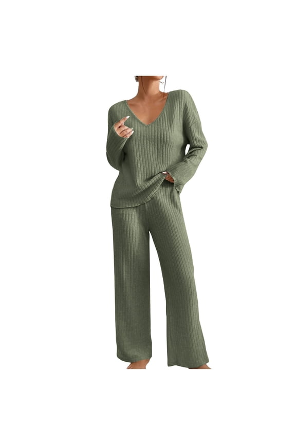 Two piece Sets for Women Women's Winter Fashion New Loose Casual Sweater And Pants Two Piece Solid Color Knitted Set Long Sleeve Round Neck Top Set Green XL