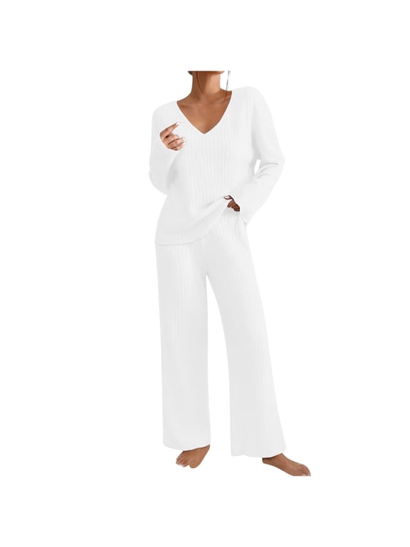 Two piece Sets for Women Women's Winter Fashion Loose Casual Long Sleeve V-Neck Top And Pants Two Piece Solid Color Knitted Set