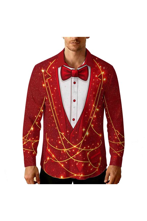 Valentine's Day Men's Shirts Long Sleeve Lapel Collar Creative Printed Button Shirt Top for Man Red L