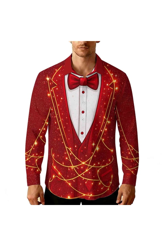 Valentine's Day Men's Shirts Long Sleeve Lapel Collar Creative Printed Button Shirt Top for Man Red XXL