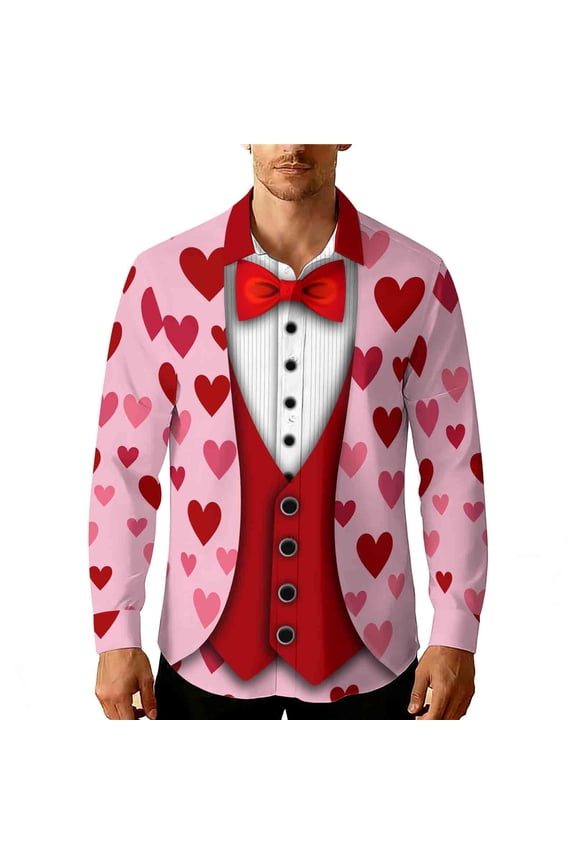Valentine's Day Men's Shirts Long Sleeve Lapel Collar Creative Printed Button Shirt Top for Man Wine XXL