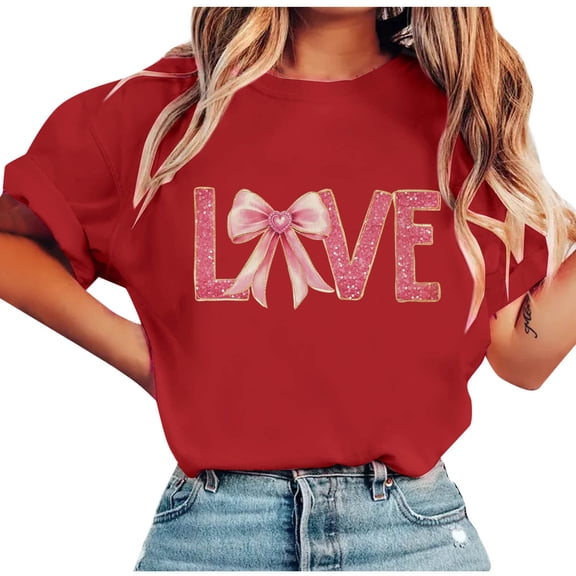 MaFYtyTPR Valentine's Day Women Printed Tops Trendy Printing Short Sleeve Round Neck Loose Casual T-Shirts Red L
