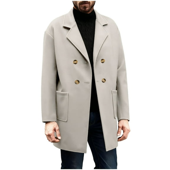 MaFYtyTPR Winter Coats for Men Solid Color Long Sleeved Duble Breasted Cardigan Pocket Lapel Jacket Tops Beige L