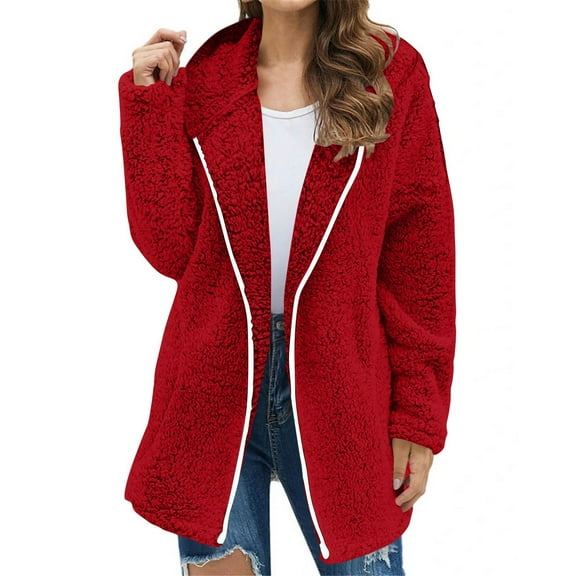 MaFYtyTPR Winter Fleece Coats for Women Women's Solid Color Daily Warm Long Sleeve Zipper Knee Length Hoodie Top Overcoat Outerwear Red L