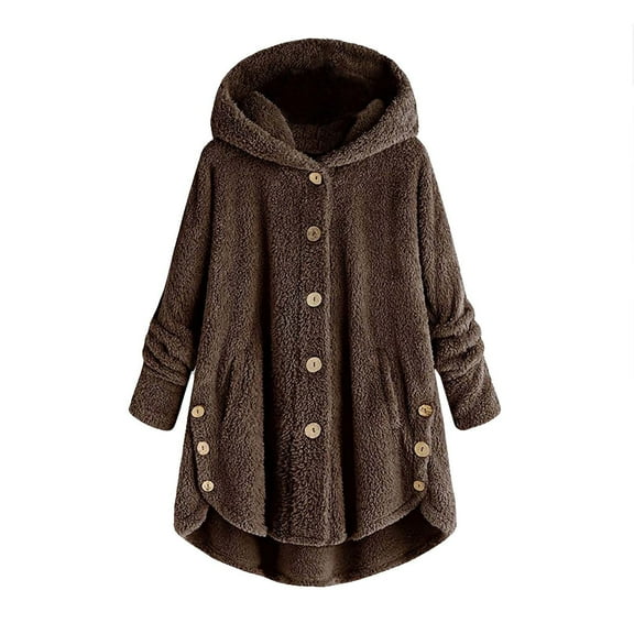 MaFYtyTPR Winter Fuzzy Fleece Jacket For Women Plus Size Solid Color Button Plush Tops Hooded Loose Cardigan Wool Coat Brown M