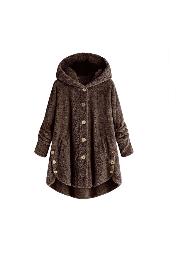 Winter Fuzzy Fleece Jacket For Women Plus Size Solid Color Button Plush Tops Hooded Loose Cardigan Wool Coat Brown M