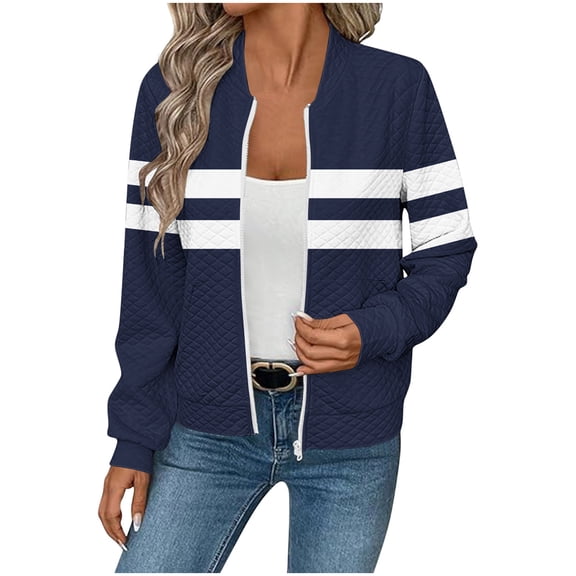 MaFYtyTPR Winter Jacket for Women Fashion Striped Printed Waffle Checks Pocket Zipper Long Sleeve Coats Without Hat Blue M