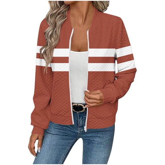 MaFYtyTPR Winter Jacket for Women Fashion Striped Printed Waffle Checks Pocket Zipper Long Sleeve Coats Without Hat Orange M