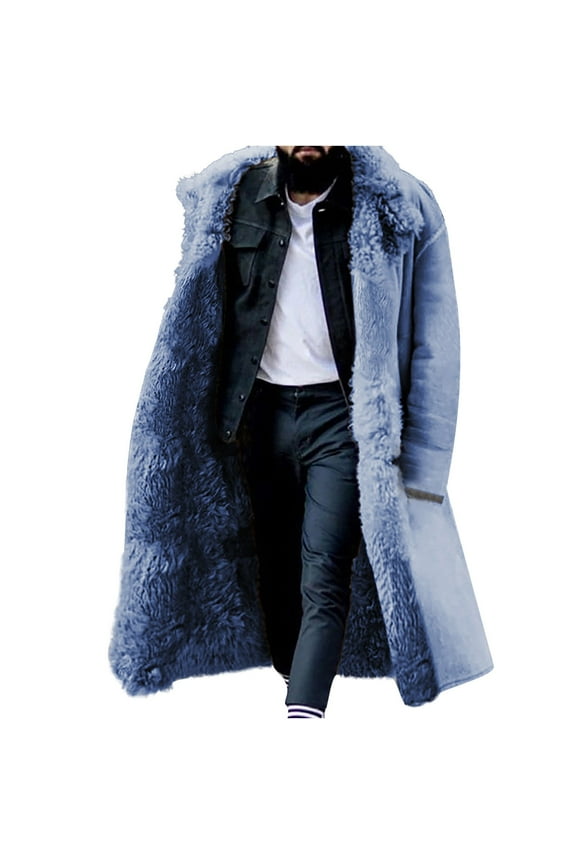 MaFYtyTPR Winter Mens Overcoat Casual Solid Turndown Keep Warm-breasted Windbreaker Thicken The Knee Coats Blue L