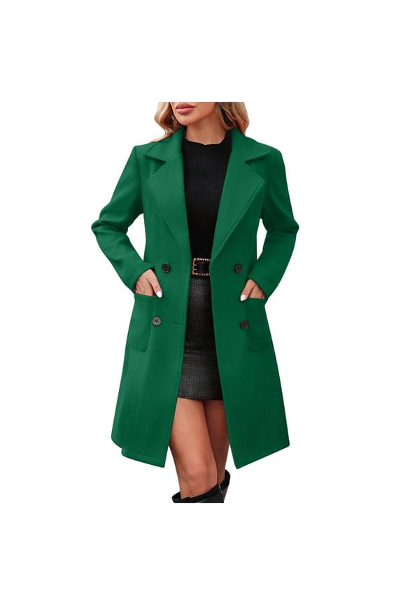 Winter Pea Coat for Women Solid Casual Thicken Wool Lapel Collar Inner Lining Pocket Breasted Outerwear Tops Z-Green M