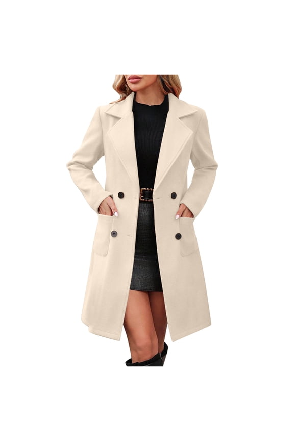 Winter Pea Coat for Women Solid Casual Thicken Wool Lapel Collar Inner Lining Pocket Breasted Outerwear Tops Z-Khaki L