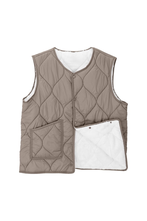 Winter Plush Waistcoats for Women Solid Color Thick Warm Button Bottoming Vest Jacket for Duble Side Wear Khaki S