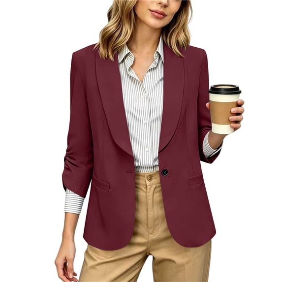 MaFYtyTPR Women 3/4 Sleeve Blazer Casual Solid Color Lapel Open Front Suit Jacket With Pockets for Business Wear A-Wine M