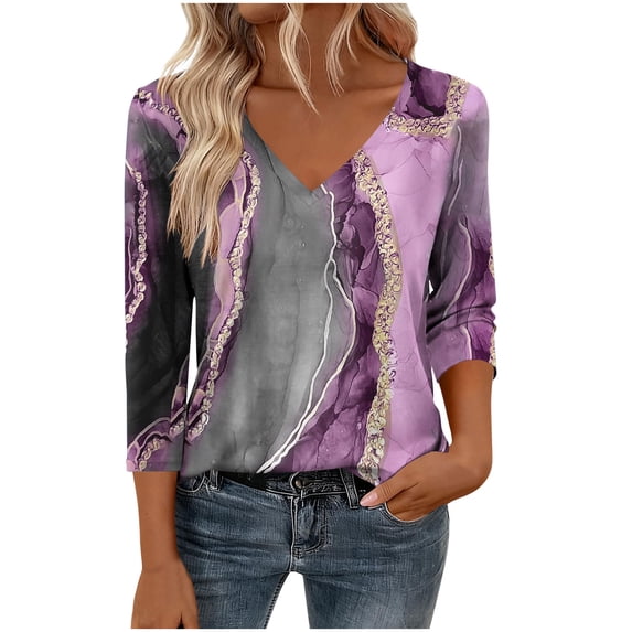 MaFYtyTPR Women 3/4 Sleeve Tops Fashion Printed V-Neck Casual Loose Quarter Three Quarter Sleeve T-shirt Blouse A-Purple XL