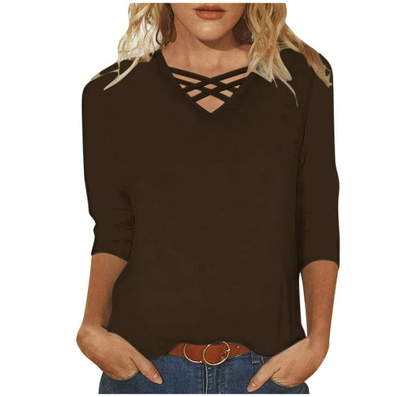MaFYtyTPR Women 3/4 Sleeves Casual Shirts Fashi Pullover Loose V-Neck Tops Blouse 2025 Hot Blouses&Shirts ZA-Brown XL