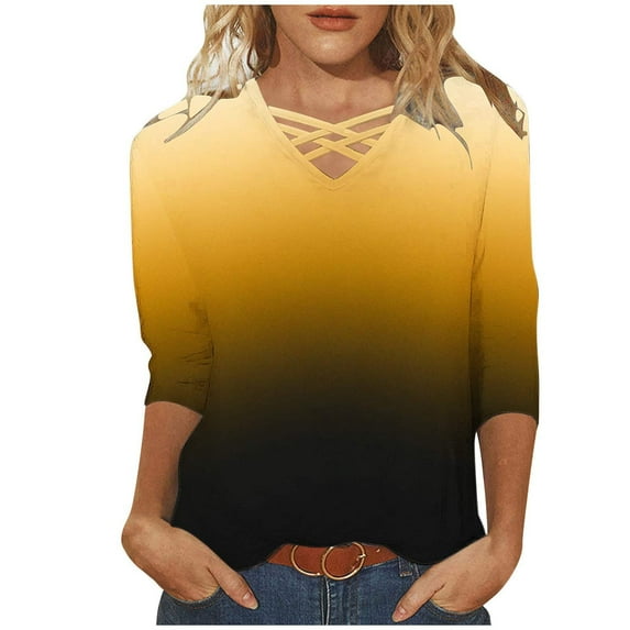 MaFYtyTPR Women 3/4 Sleeves Casual Shirts Fashi Pullover Loose V-Neck Tops Blouse 2025 Hot Blouses&Shirts ZA-Yellow XXXXXL