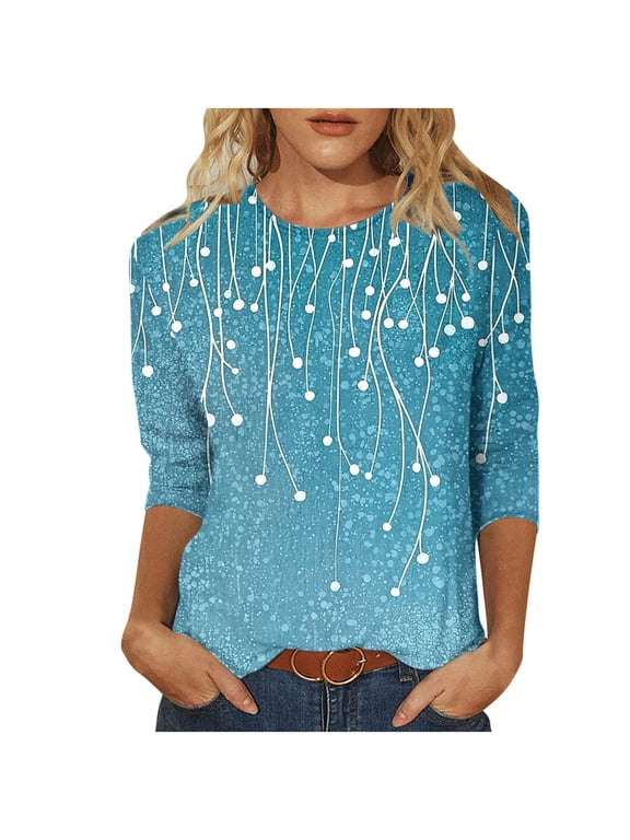 Women 3/4 Sleeves Casual Shirts Pullover Loose Tunic Tops Floral Print Blouse 2026 A-Blue XXL