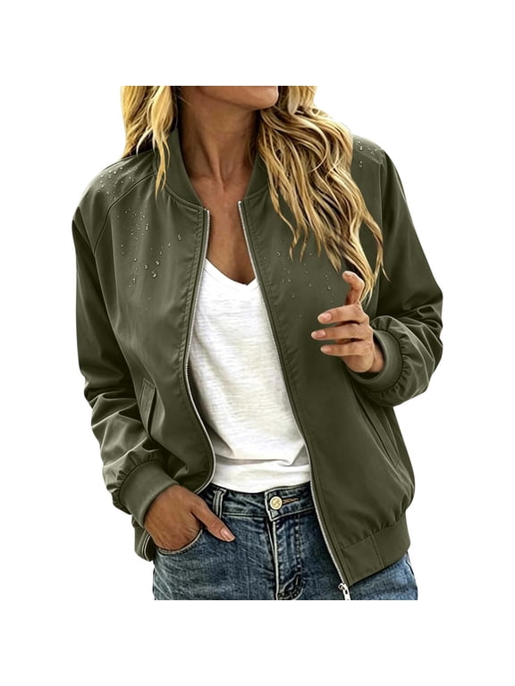 Women Bomber Jacket Zip Up Windproof Flight Coat Solid Color Stand Collar Casual Spring Fall Outerwear A-Army Green L