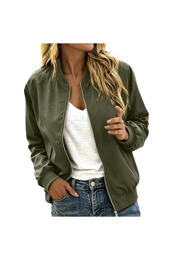 Women Bomber Jacket Zip Up Windproof Flight Coat Solid Color Stand Collar Casual Spring Fall Outerwear A-Army Green L