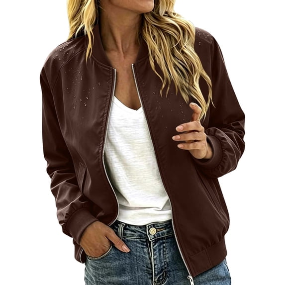MaFYtyTPR Women Bomber Jacket Zip Up Windproof Flight Coat Solid Color Stand Collar Casual Spring Fall Outerwear A-Coffee L