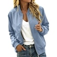 thumbnail image 1 of MaFYtyTPR Women Bomber Jacket Zip Up Windproof Flight Coat Solid Color Stand Collar Casual Spring Fall Outerwear A-Light Blue M, 1 of 6