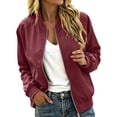 thumbnail image 1 of MaFYtyTPR Women Bomber Jacket Zip Up Windproof Flight Coat Solid Color Stand Collar Casual Spring Fall Outerwear A-Wine XL, 1 of 6