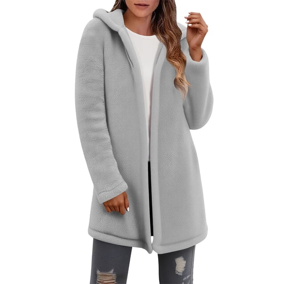 MaFYtyTPR Women Cardigan Outerwear Tops Fall Winter Warm Solid Color Soft Fleece Jacket Casual Comfy Hooded Coats Gray L