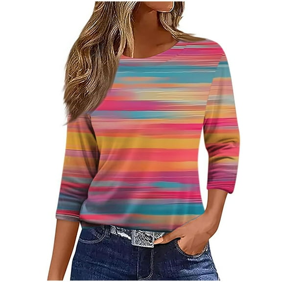 MaFYtyTPR 3/4 Sleeve Shirts for Women Fashion Printed T-shirt Round Neck Leisure Loose Comfy Tops