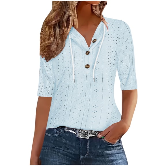 MaFYtyTPR Women Casual Hoodie T-shirt Ladies' Fashionable Leisure Short Sleeved Round Neck Button Hooded Thin Tops