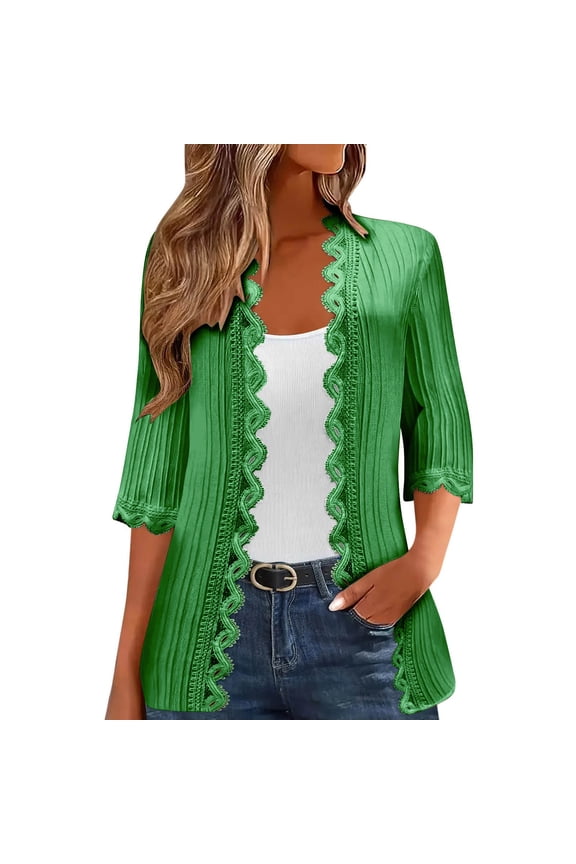 Women Casual Lace Cardigans Ladies Loose Cropped Sleeves Solid Color Fancy Side Cardigan Top