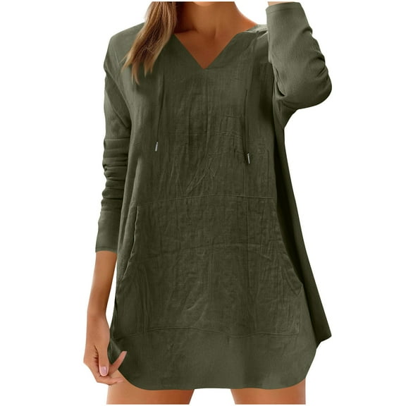 MaFYtyTPR Women Casual Long Sleeve Top Fashion Cotton and Linen Versatile Slim V-neck Drawstring Comfy Bloues