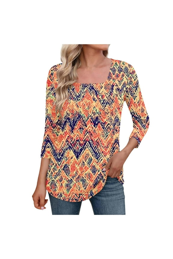 Women Casual Loose 3/4 Sleeve Blouse Fashion Printing Square Neck Three-Quarters Sleeved Comfy Versatile Tops