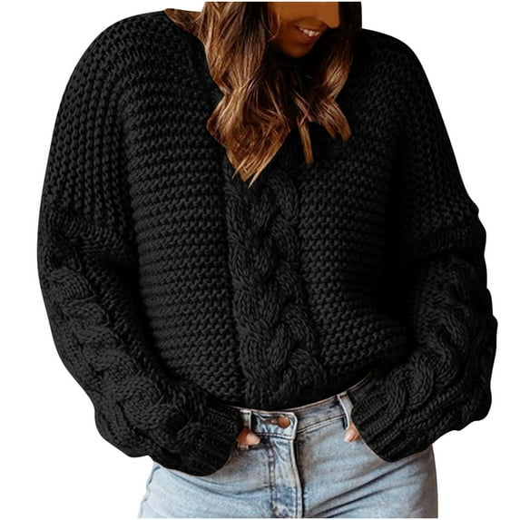 MaFYtyTPR Women Casual Sweater Winter Fashion Solid Color Pullover V-neck Dough Twists Loose Thermal Sweaters Black M
