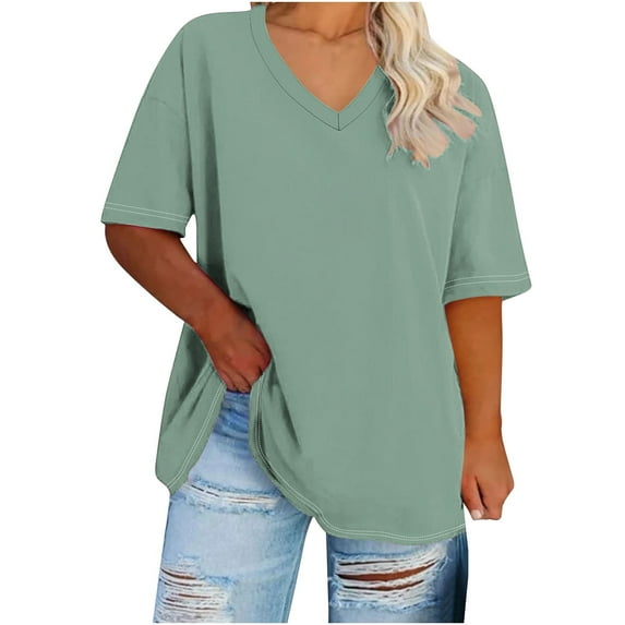 MaFYtyTPR Women Casual T-Shirt Plus Size Fashion Solid Color V-Neck Short-Sleeve Base Layer Top Army Green XXXXXL