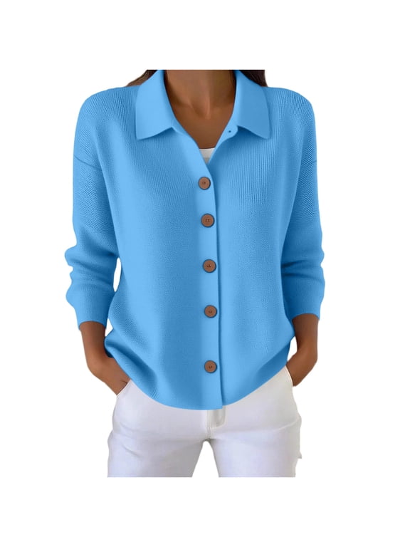 Women Collared Button Down Knit Shirt Long Sleeve Relax Fit Textured Waffle Casual Office Blouse Daily Business Work Top A-Blue L