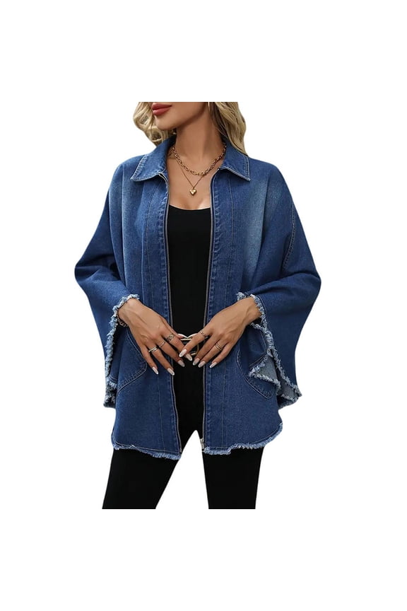 Women Collared Denim Jacket Zip Up Raw Fringe Flare Sleeve Loose Mid Length Outerwear for Spring Fall Street Casual Wear A-Blue XXXL