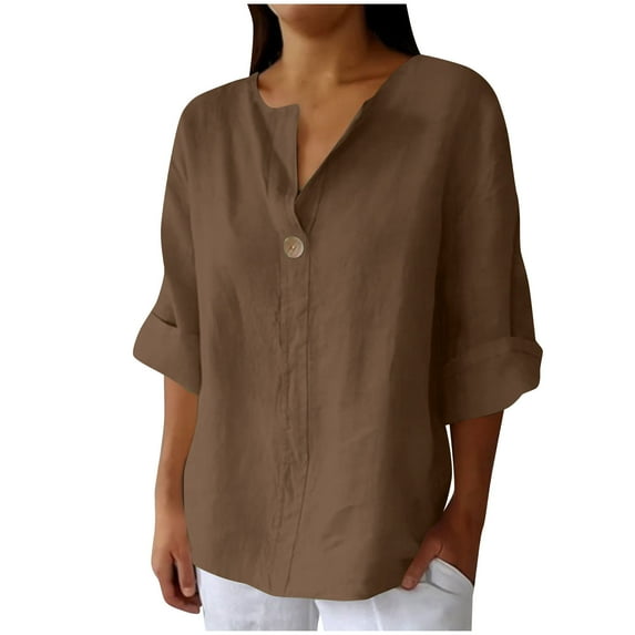 MaFYtyTPR Women Cotton Linen Shirts Plus Size Women's Fashion Summer V-Neck Button Three-Quarter Sleeve Flax Solid Color Tops A-Brown XXXXXL