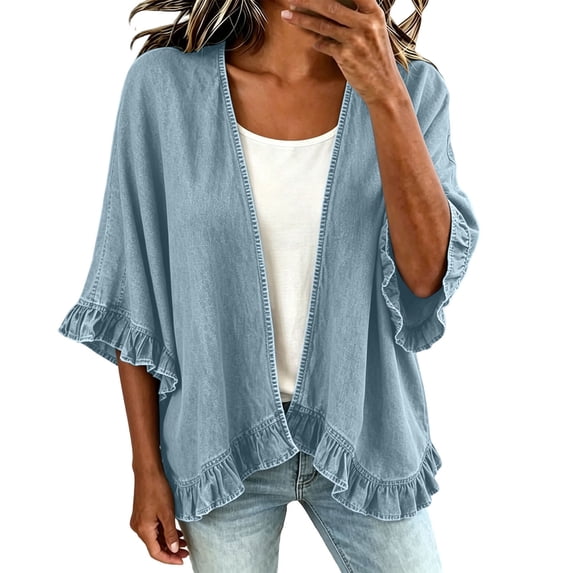 MaFYtyTPR Women Denim Cardigan Ruffle Open Front Washed Outwear Casual Solid Color Lightweight Cardigans Tops A-Blue M