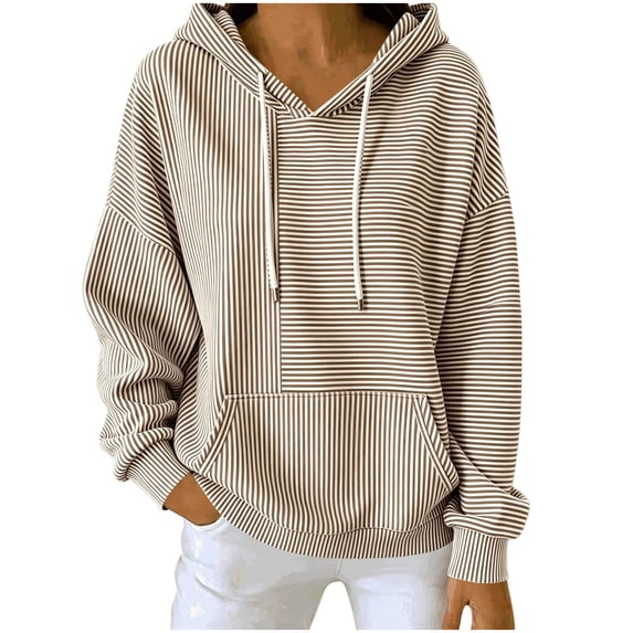 MaFYtyTPR Women Hoodie Long Sleeve Sweatshirt Striped Printed Drawstring Loose Pullover Blouse with Pocket for Daily Wear Brown L