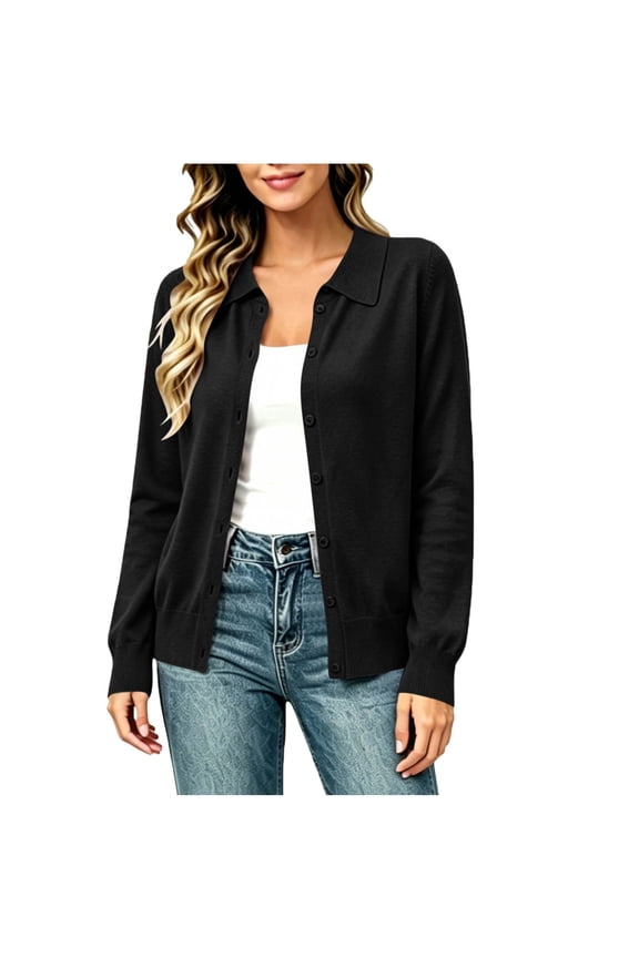 Women Knit Cardigan Tops Long Sleeve Collared Button Front Versatile Kinted Blouse for Fall Winter Daily Wear A-Black M