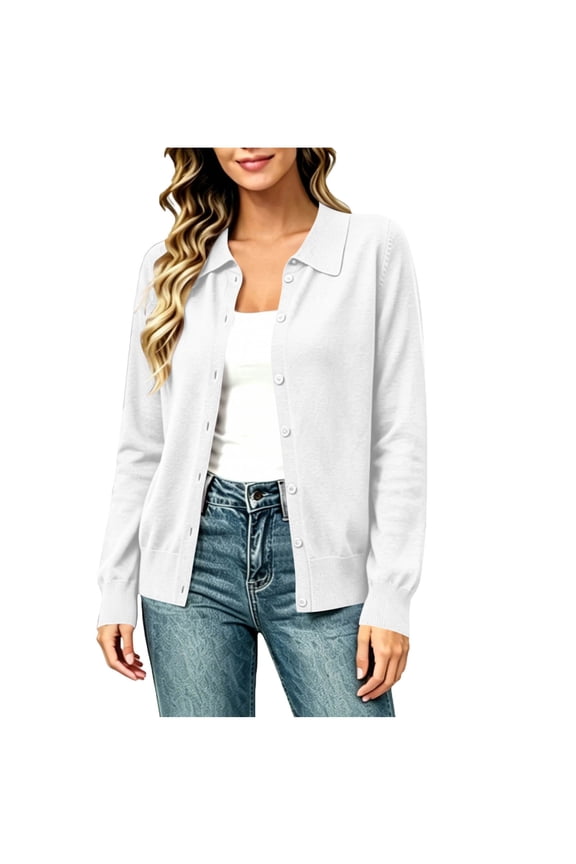 Women Knit Cardigan Tops Long Sleeve Collared Button Front Versatile Kinted Blouse for Fall Winter Daily Wear A-White S