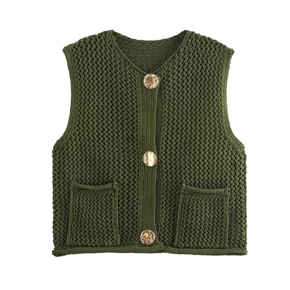 MaFYtyTPR Women Knit Sweater Vest Solid Open Knit Button Front Sleeveless Cardigan Sweaters for Fall Winter A-Army Green L