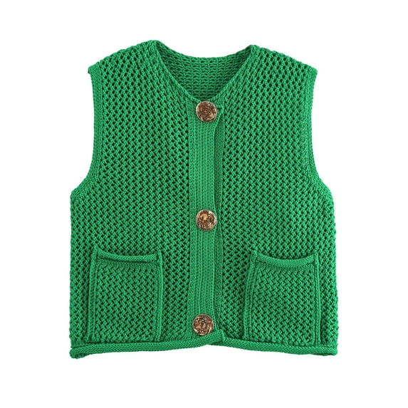 MaFYtyTPR Women Knit Sweater Vest Solid Open Knit Button Front Sleeveless Cardigan Sweaters for Fall Winter A-Green L