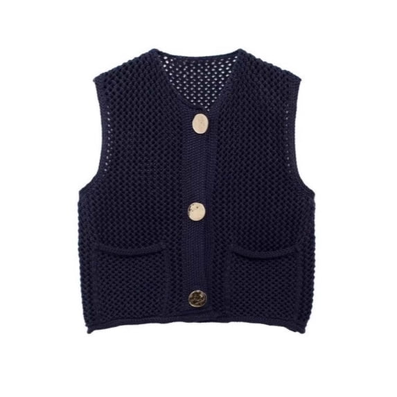 MaFYtyTPR Women Knit Sweater Vest Solid Open Knit Button Front Sleeveless Cardigan Sweaters for Fall Winter A-Navy XL