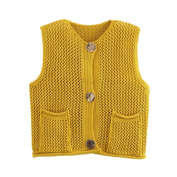 MaFYtyTPR Women Knit Sweater Vest Solid Open Knit Button Front Sleeveless Cardigan Sweaters for Fall Winter A-Orange M