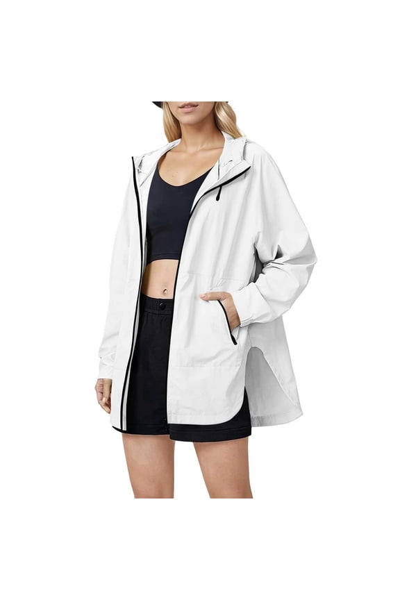 Women Lightweight Hooded Windbreaker Jackets Zipper Relaxed Fit Waterproof Casual Rain Coat For Travel Hiking Daily Outdoor Walking A-White S