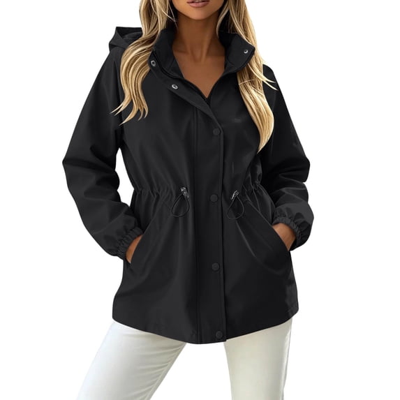 MaFYtyTPR Women Lightweight Rain Jacket Hooded Wind Resistant Drawstring Waist Windbreaker For Daily Travel Walking Outdoor Activities A-Black XL