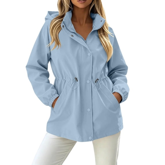MaFYtyTPR Women Lightweight Rain Jacket Hooded Wind Resistant Drawstring Waist Windbreaker For Daily Travel Walking Outdoor Activities A-Blue L