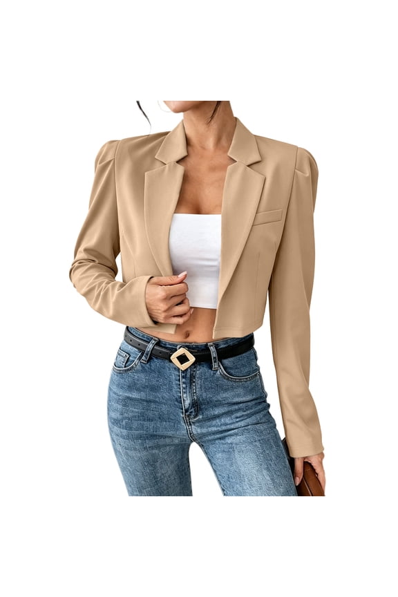 Women Long Sleeve Cropped Blazer Lapel Open Front Loose Casual Short Suit Jacket for Spring Fall Office Daily Wear A-Khaki XS