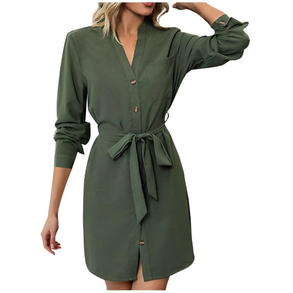 MaFYtyTPR Women Long Sleeve Dress Fall And Winter Button Pocket V-neck Belt Knee-length Belt Shirts Dresses Army Green M